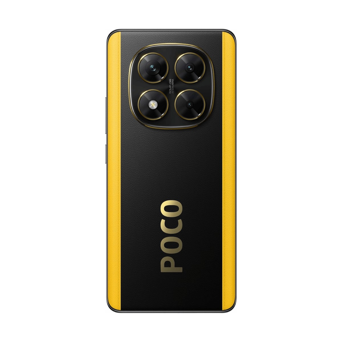 Retro di uno smartphone POCO giallo e nero con quattro obiettivi e logo dorato.