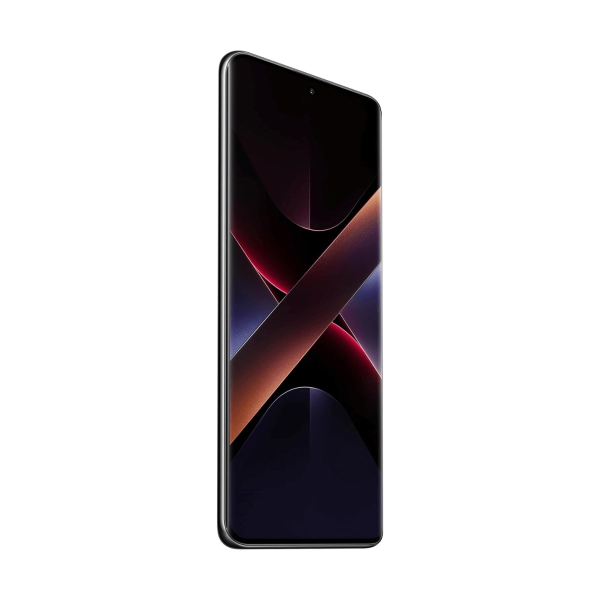 Uno smartphone con uno sfondo astratto scuro sullo schermo, visto di sbieco su sfondo bianco.