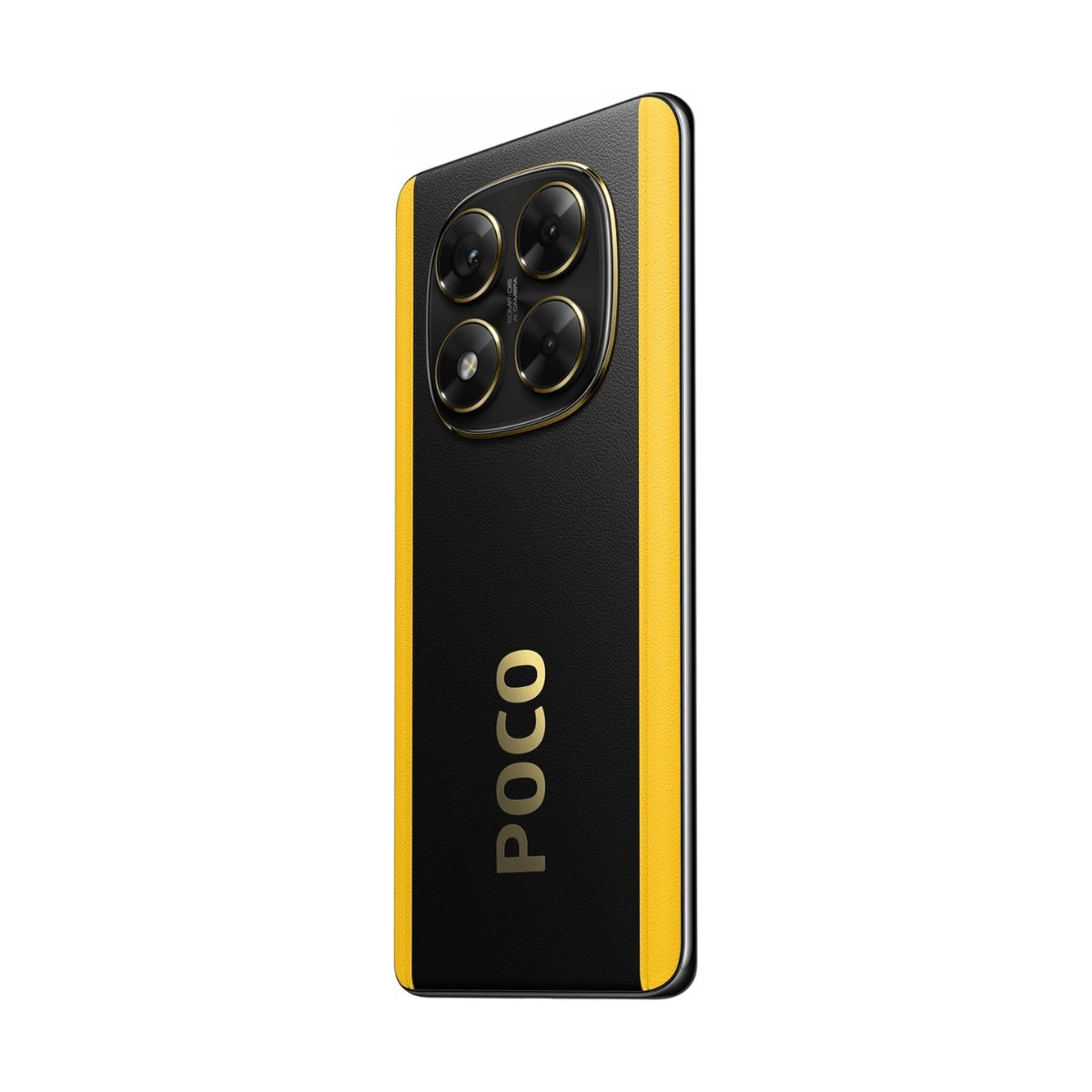 Retro di uno smartphone nero con una striscia gialla, fotocamera quadrupla e logo POCO.
