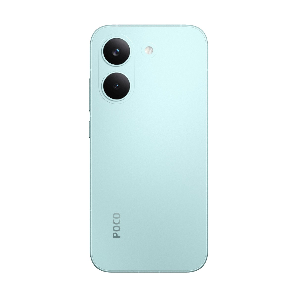 Smartphone azzurro con doppia fotocamera verticale e logo POCO sul retro.
