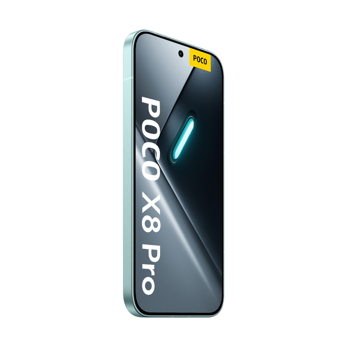 Uno smartphone Poco X8 Pro azzurro mostra il marchio sullo schermo su sfondo bianco.