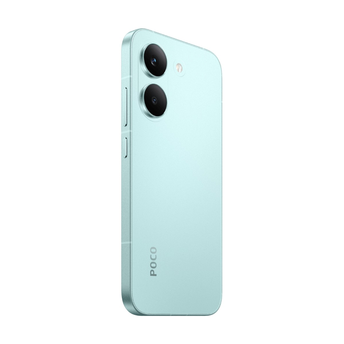 Vista posteriore di uno smartphone Poco azzurro chiaro con due fotocamere allineate verticalmente e un flash.