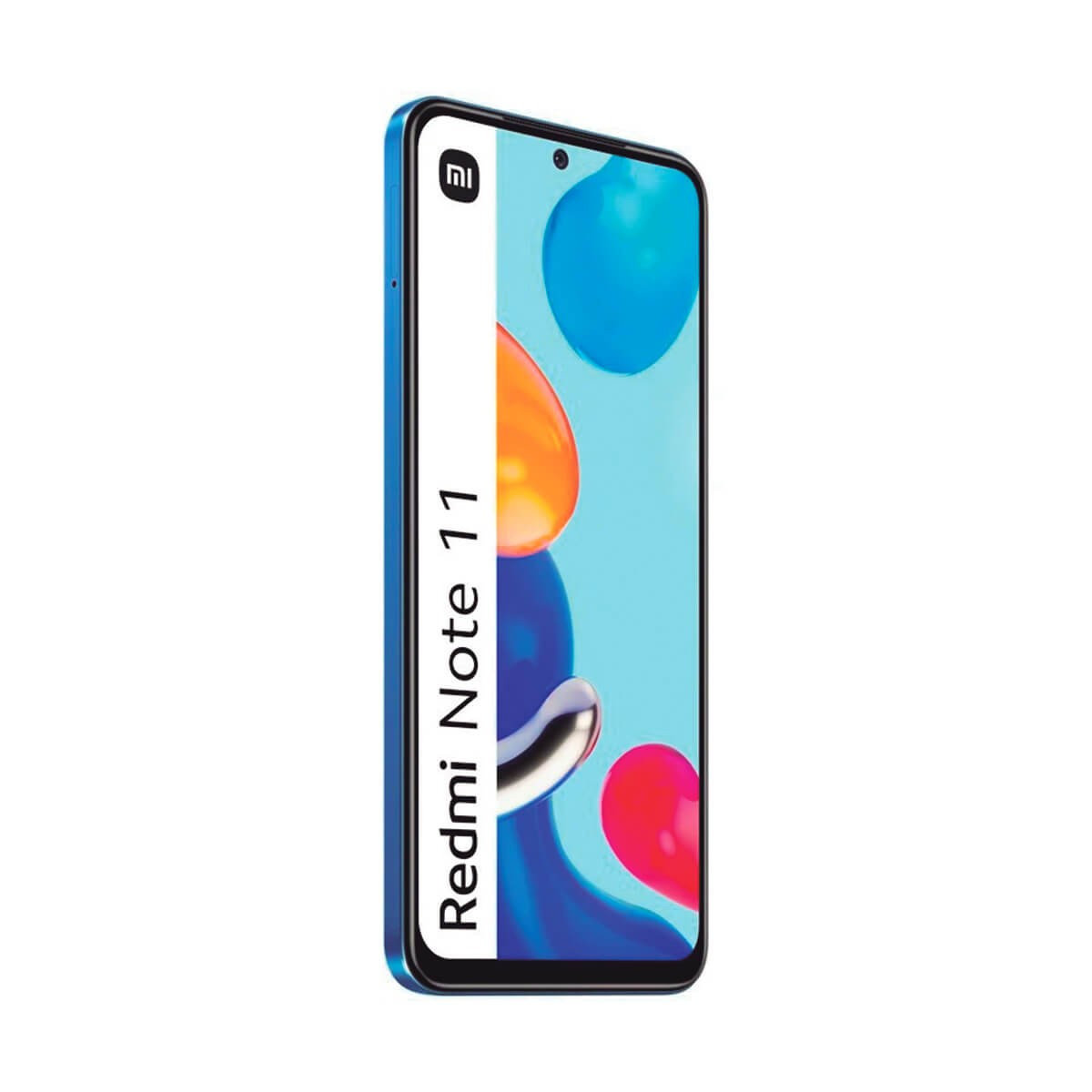 Ein blaues Redmi Note 11 Smartphone mit buntem abstrakten Hintergrund und Text links.