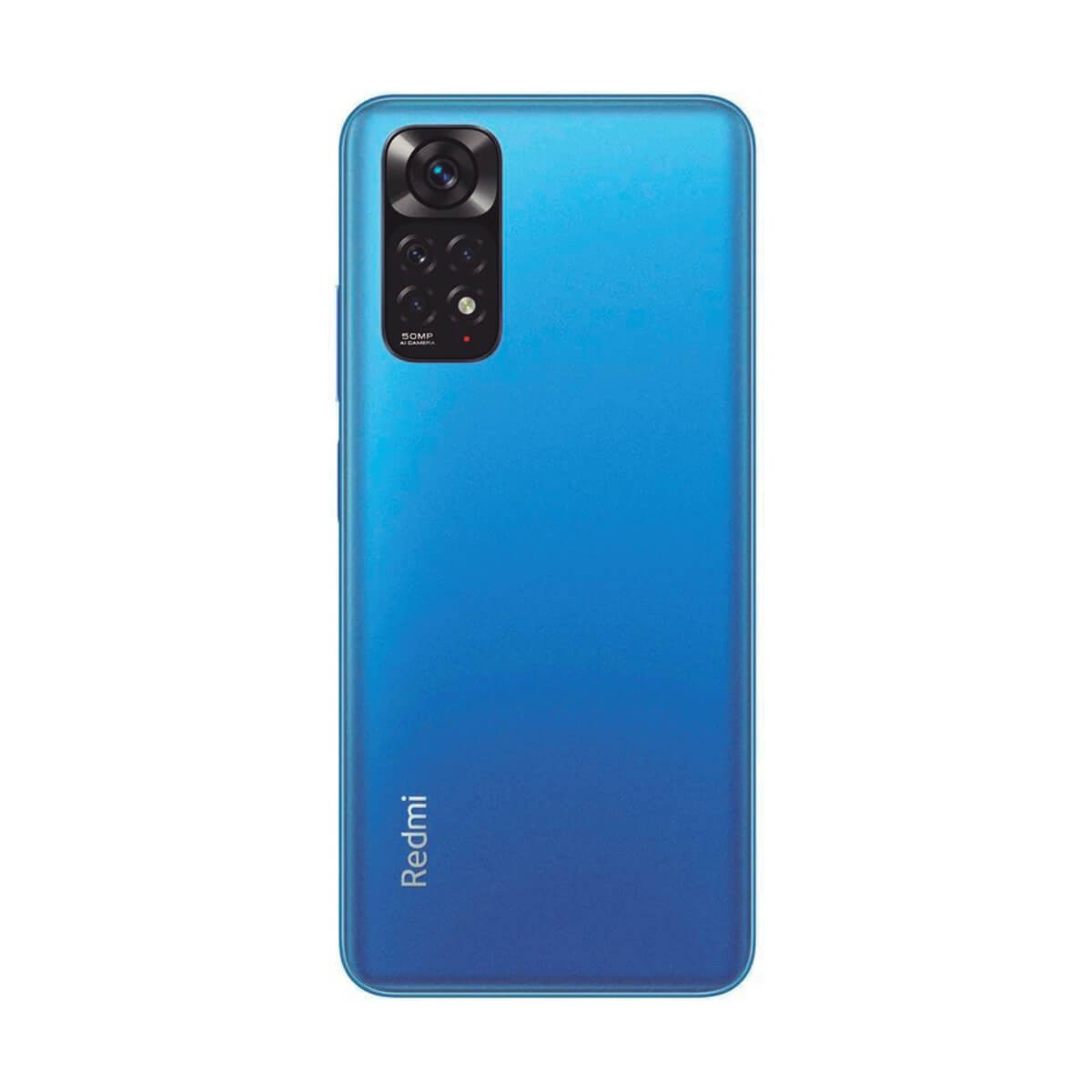 Rückseite eines blauen Smartphones mit Viererkamera oben links und Redmi-Logo unten.