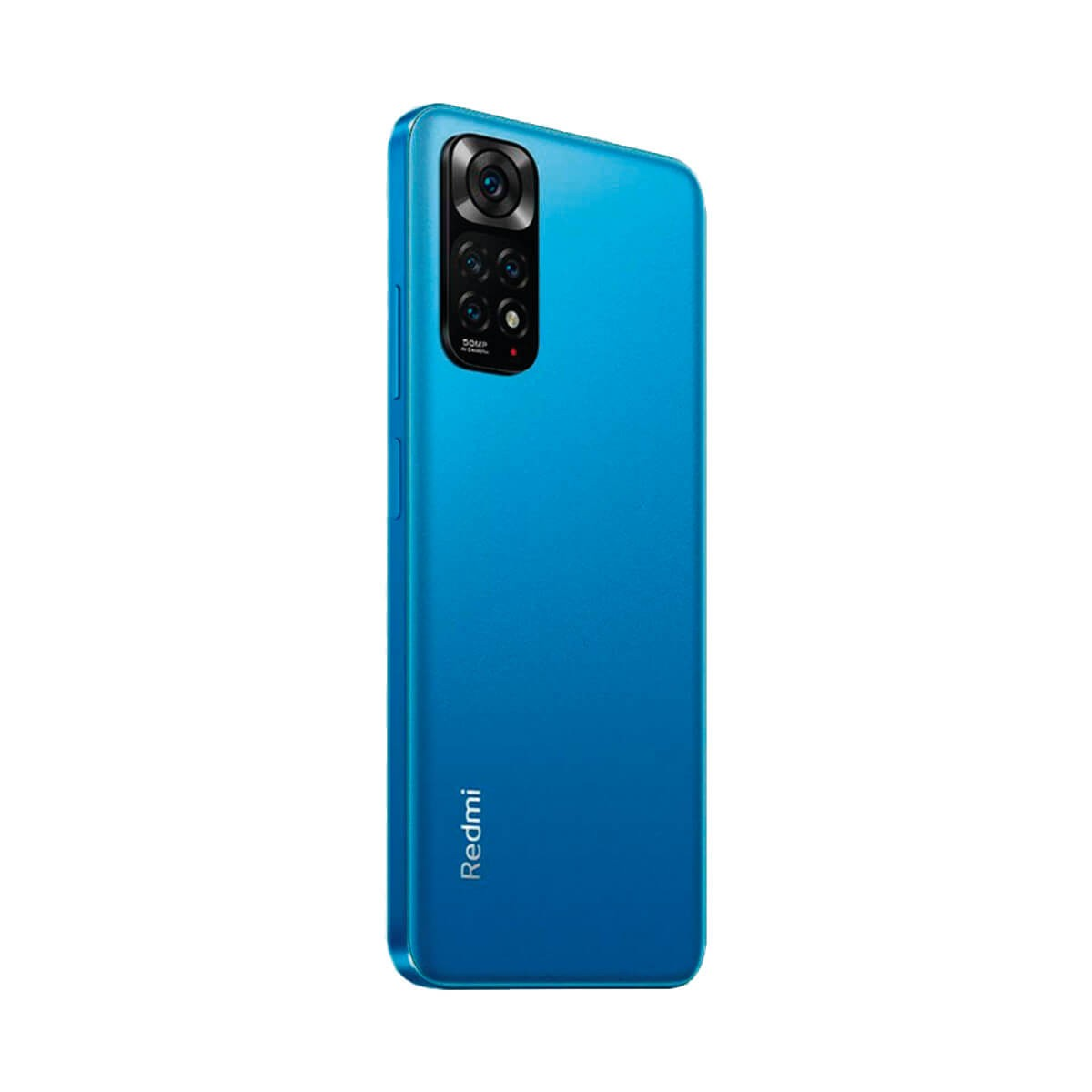 Blaue Rückseite eines Redmi-Smartphones mit rechteckigem Kameramodul oben links und Redmi-Logo unten.