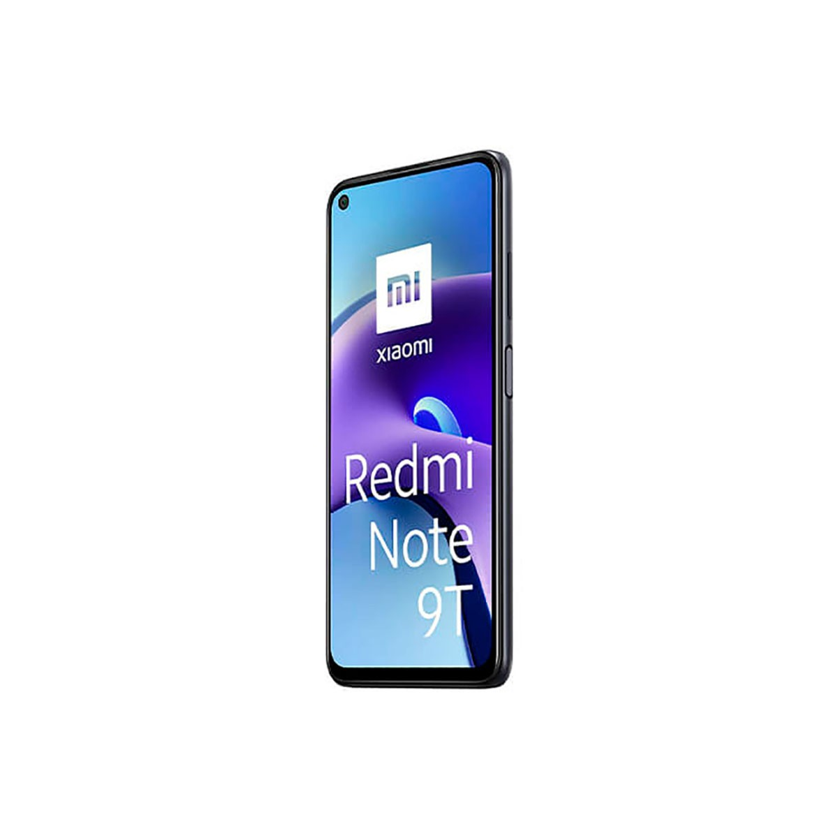 Ein Xiaomi Redmi Note 9T Smartphone diagonal auf weißem Hintergrund mit farbigem Bildschirm.