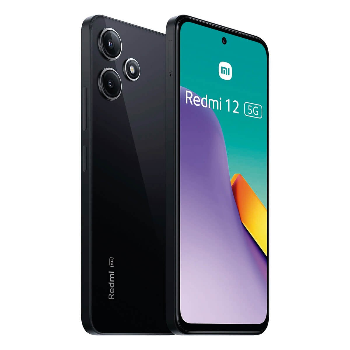 Due smartphone neri Redmi 12 5G, uno di fronte con schermo colorato e uno che mostra le fotocamere posteriori.