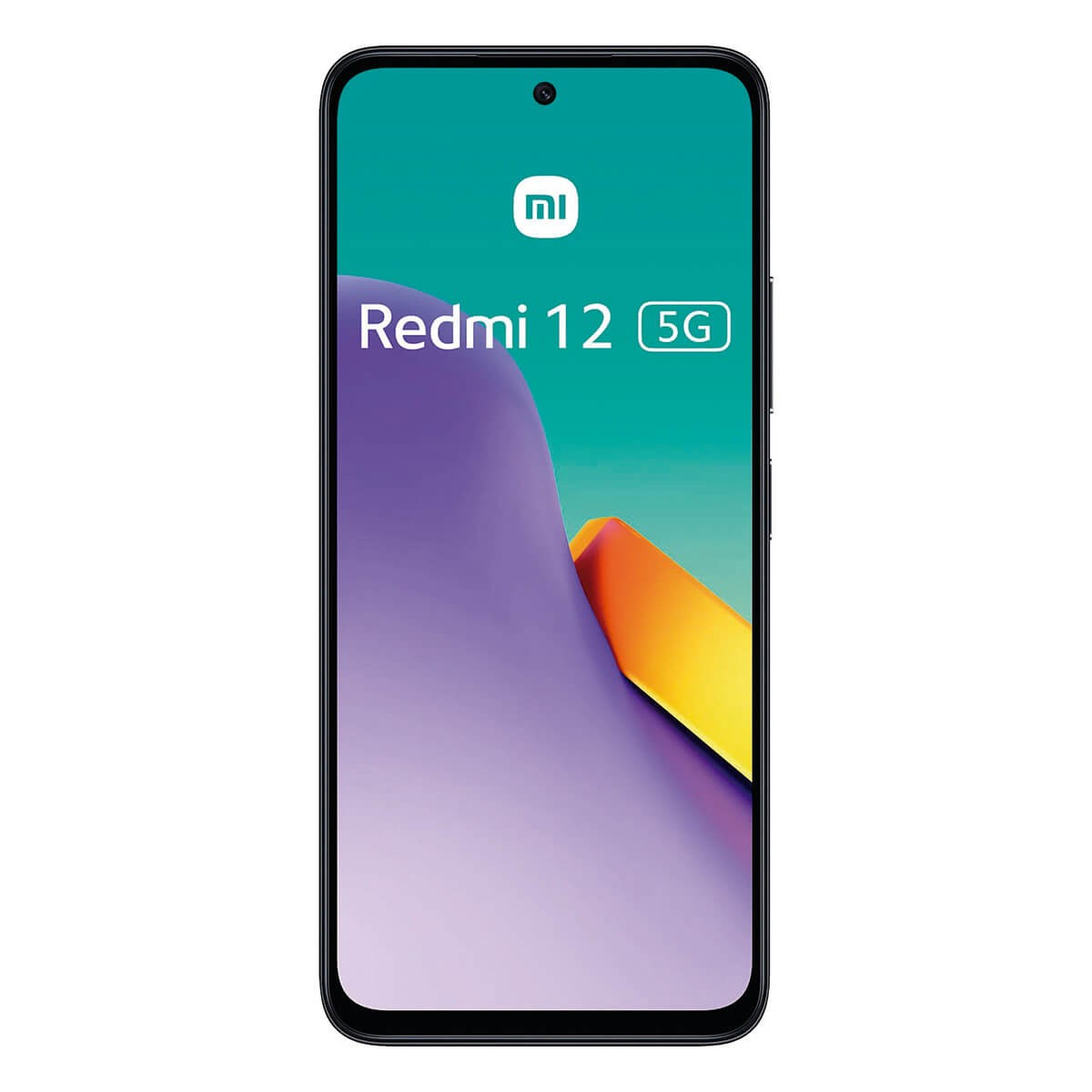 Smartphone nero Xiaomi Redmi 12 5G con schermo colorato.