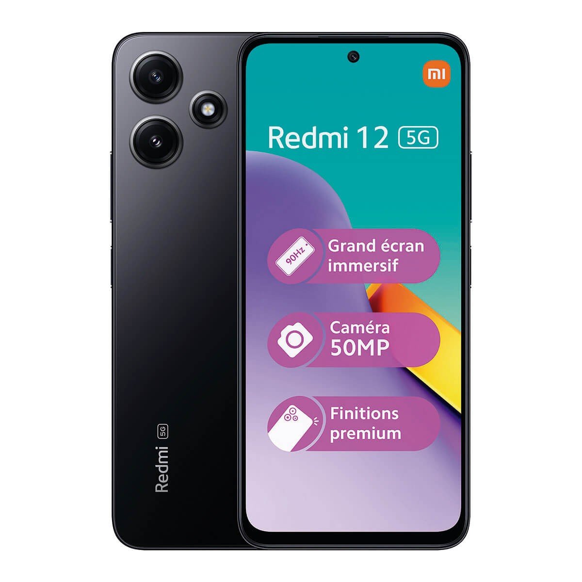 Smartphone nero Redmi 12 5G mostrato fronte e retro, con display verde acqua e punti di forza promozionali.