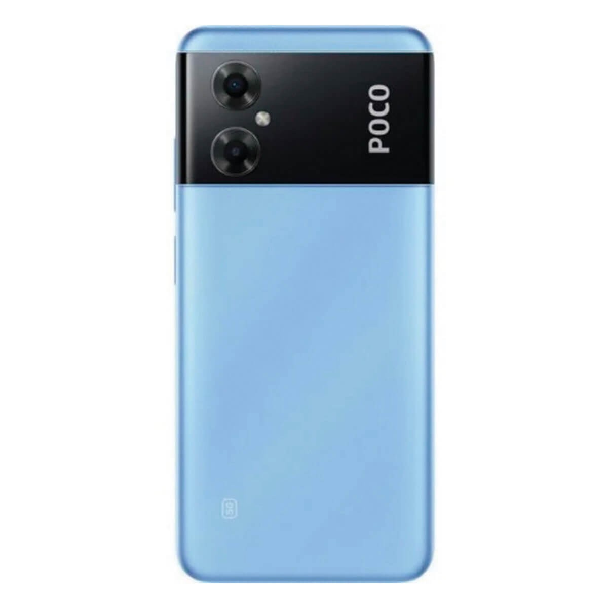 Retro blu di uno smartphone Poco con due fotocamere verticali su una grande barra della fotocamera nera.