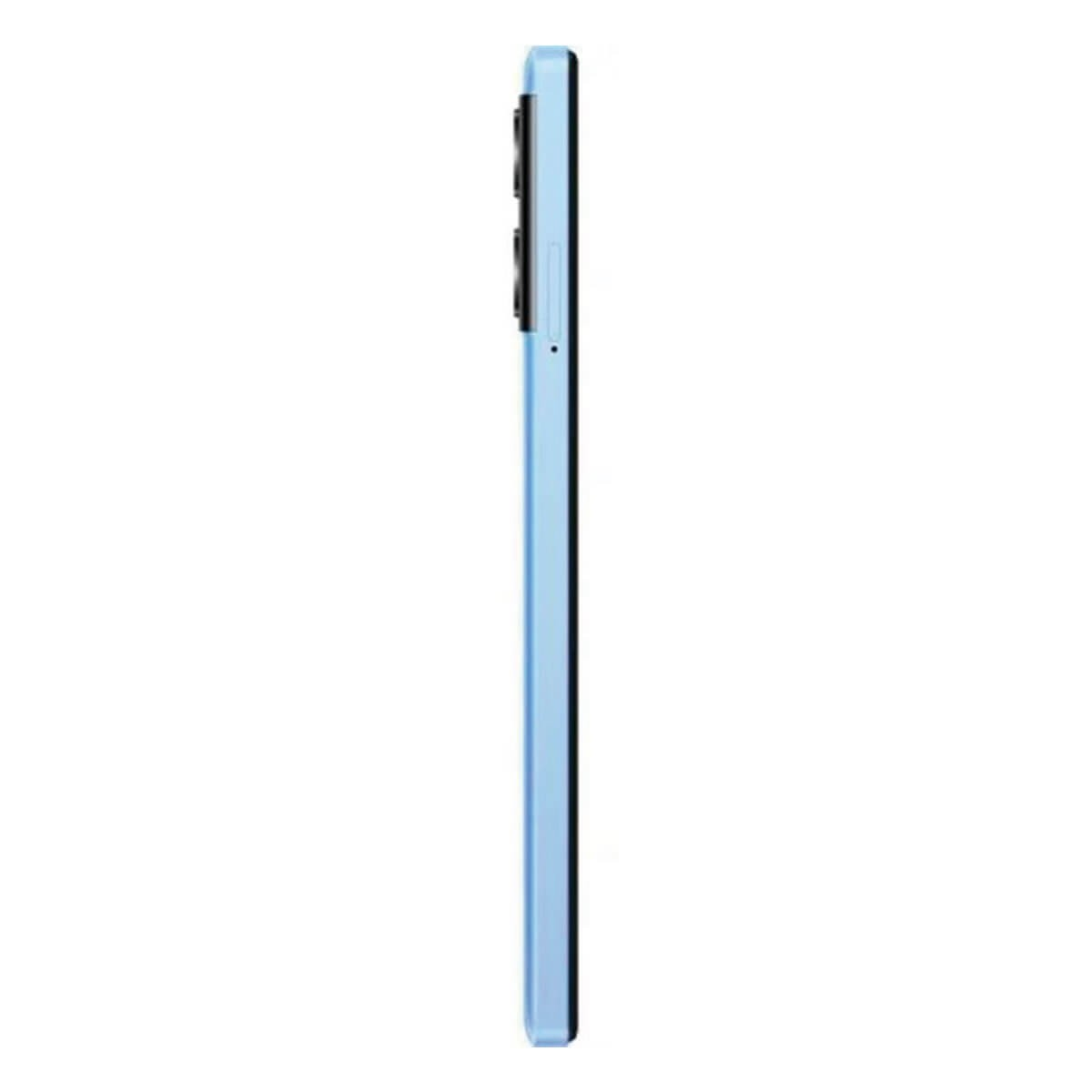 Vista laterale di uno smartphone azzurro con obiettivi e tasti su sfondo bianco.