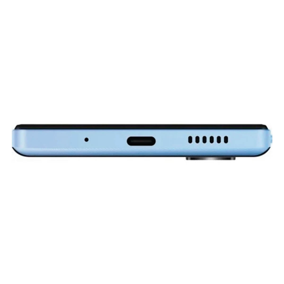 Vista inferiore di uno smartphone azzurro con foro per microfono, porta USB-C e griglia dell'altoparlante su sfondo bianco.