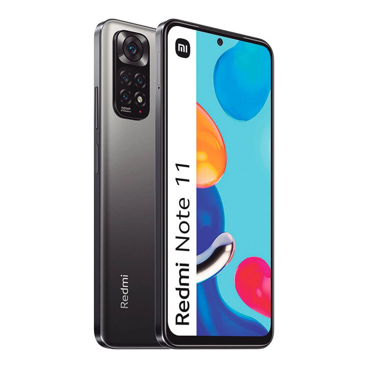 Due smartphone Xiaomi Redmi Note 11 grigio scuro che mostrano la parte anteriore e posteriore.