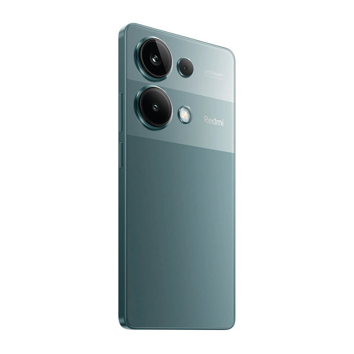 Rückseite eines türkisfarbenen Redmi-Smartphones mit Dual-Kamera und 200MP-Schriftzug auf weißem Hintergrund.