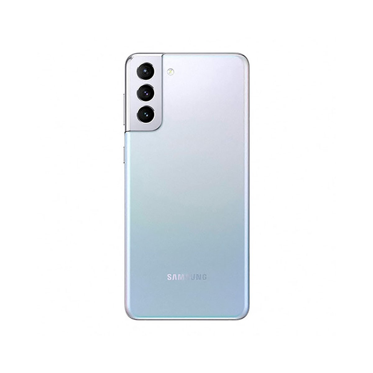 Rückseite eines silbernen Smartphones mit vertikaler Dreifachkamera und Samsung-Logo.