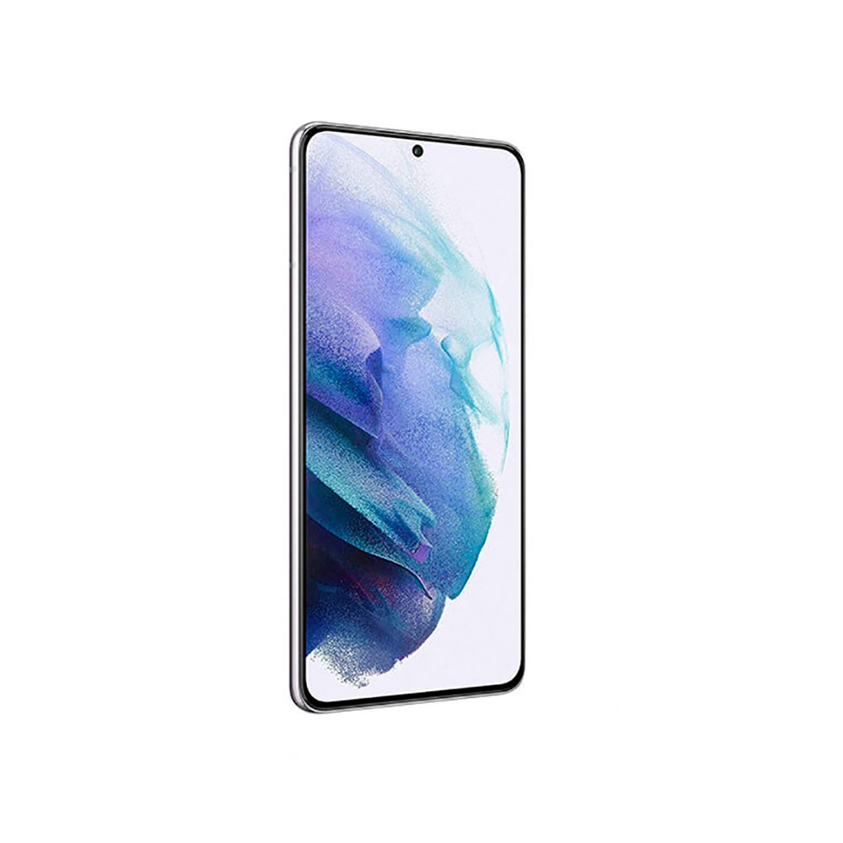 Ein Smartphone mit hellem Display zeigt ein blau-weißes abstraktes Hintergrundbild.