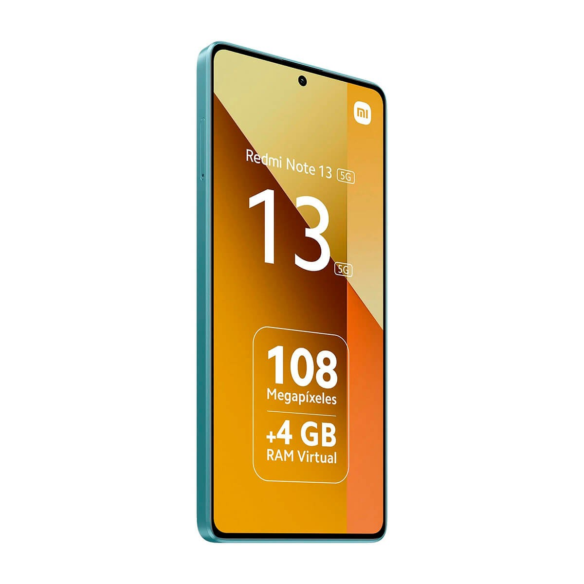 Uno smartphone blu Redmi Note 13 5G mostra specifiche tecniche sullo schermo.