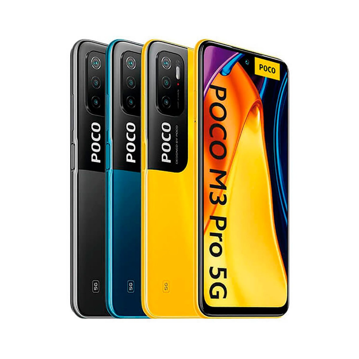 Siyah, mavi ve sarı renkli dört Poco M3 Pro 5G akıllı telefon yan yana duruyor.