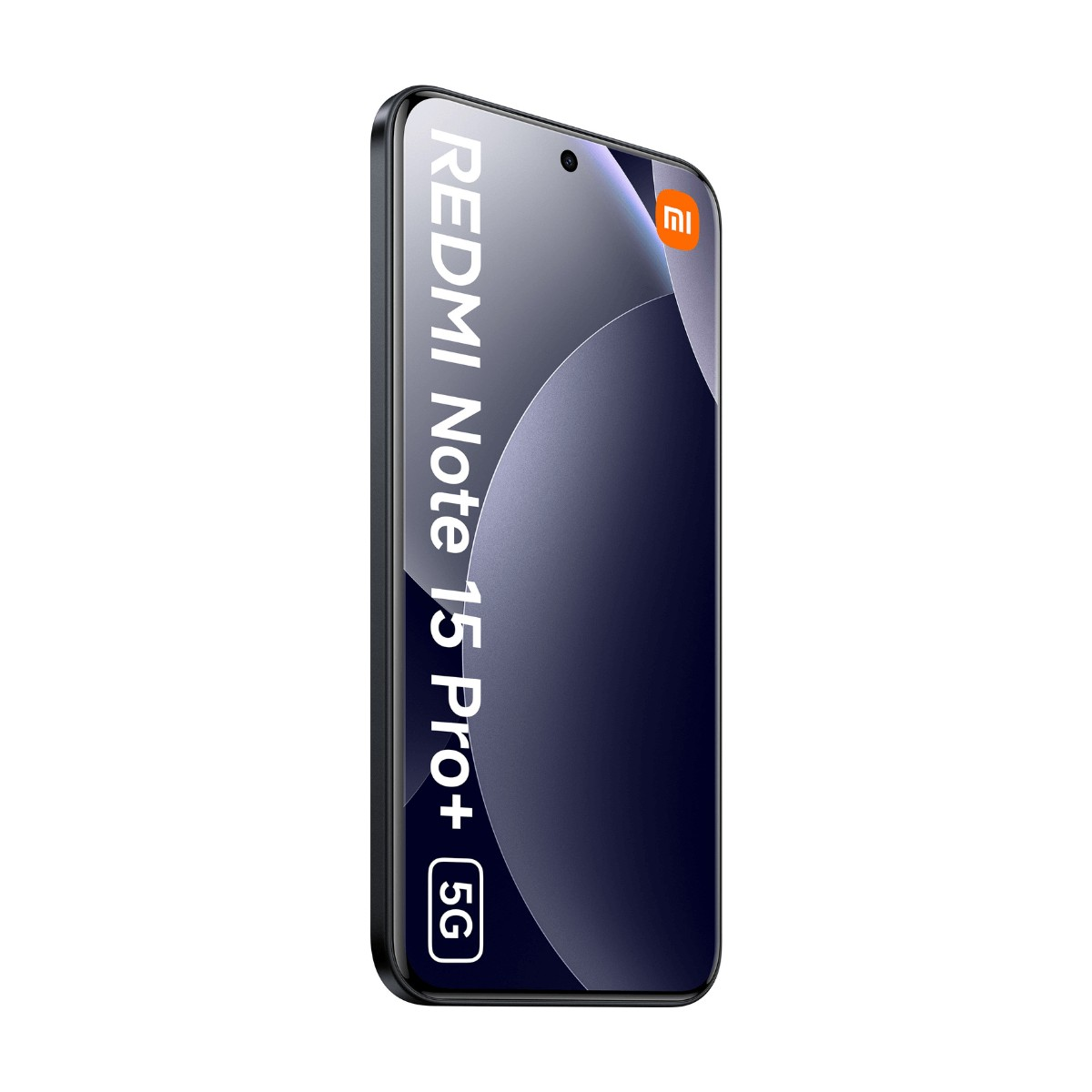 Ein schwarzes Redmi Note 15 Pro+ 5G Smartphone in Frontansicht mit weißem Text auf dem Bildschirm.