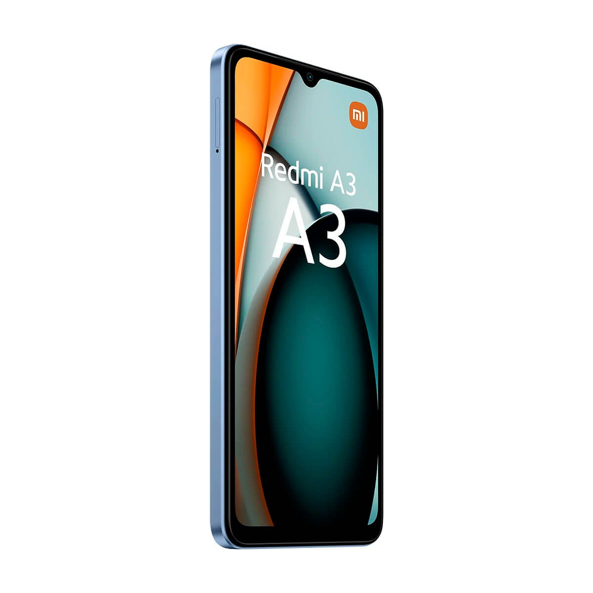 Uno smartphone Redmi A3 blu è mostrato di sbieco su sfondo bianco.