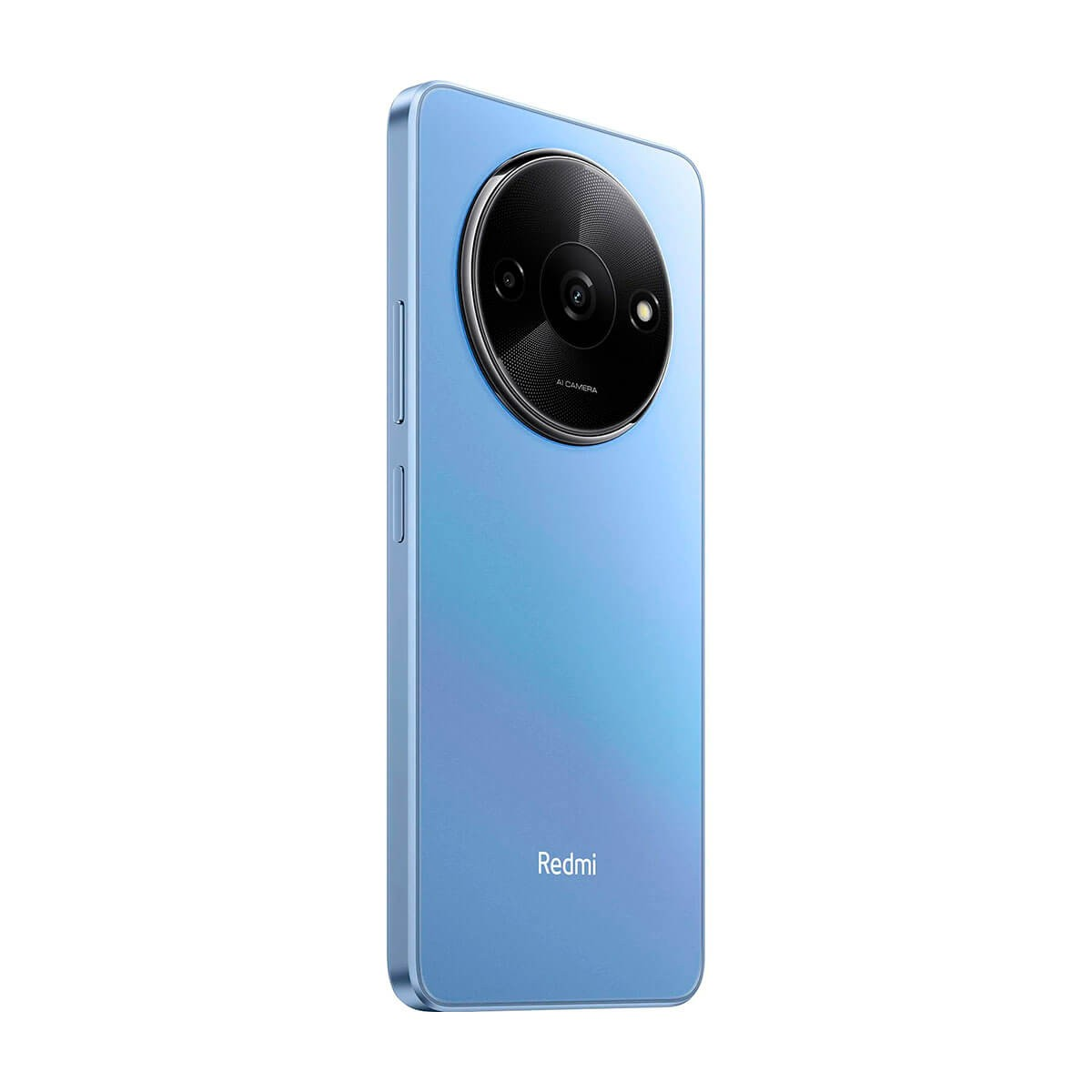 Retro blu di uno smartphone Redmi con un grande modulo fotocamera circolare.