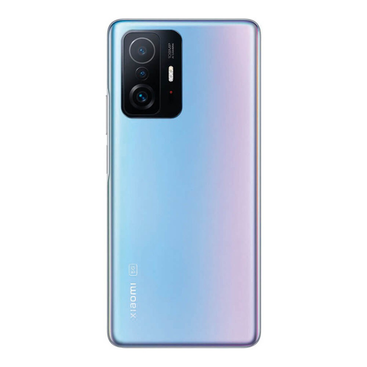 Retro di uno smartphone azzurro con tripla fotocamera e logo Xiaomi 5G.