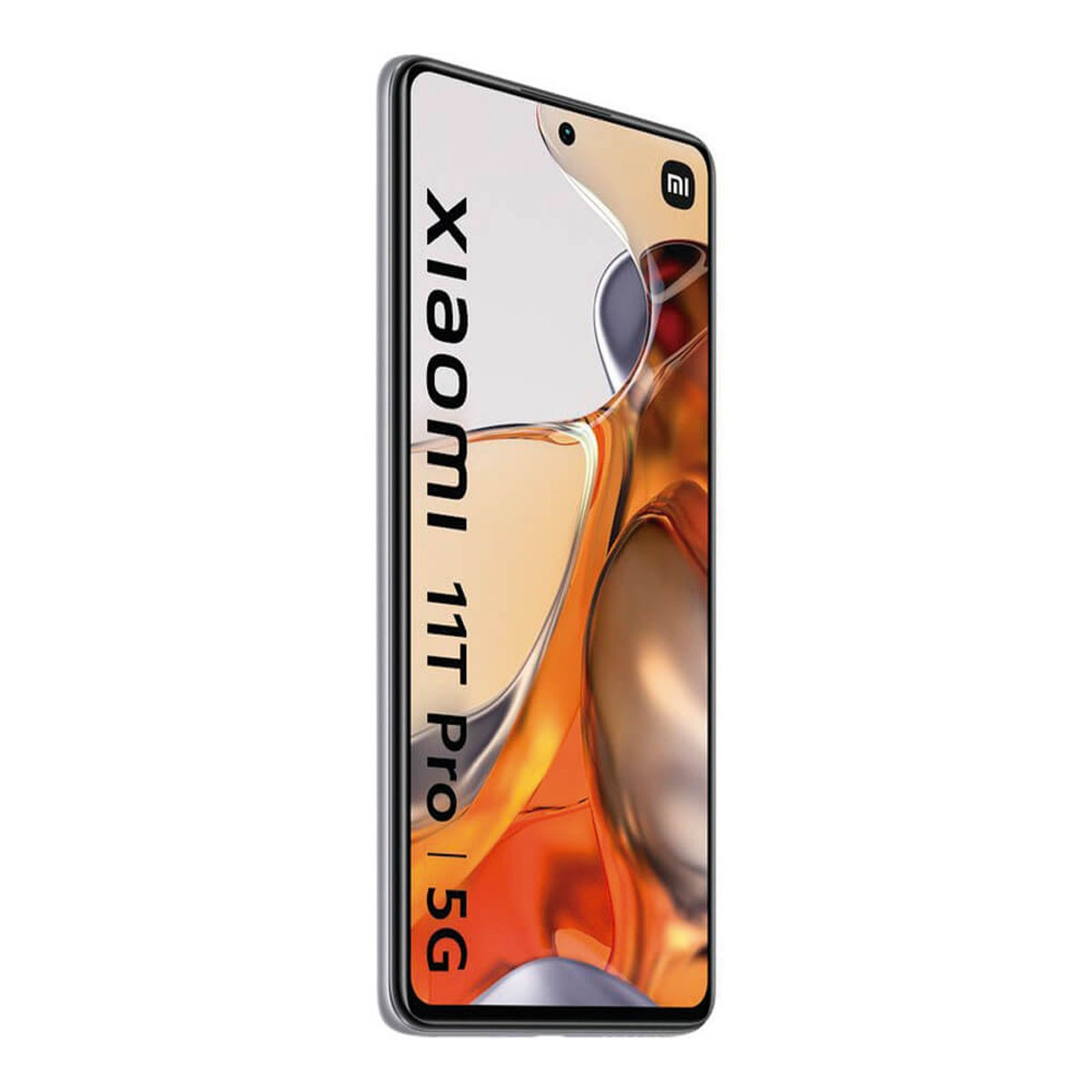 Smartphone Xiaomi 11T Pro 5G in vista angolare con display colorato su sfondo bianco.