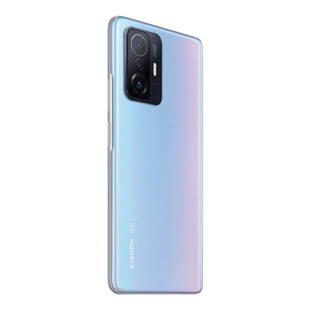 Retro di uno smartphone Xiaomi 5G azzurro con modulo fotocamera rettangolare su sfondo bianco.