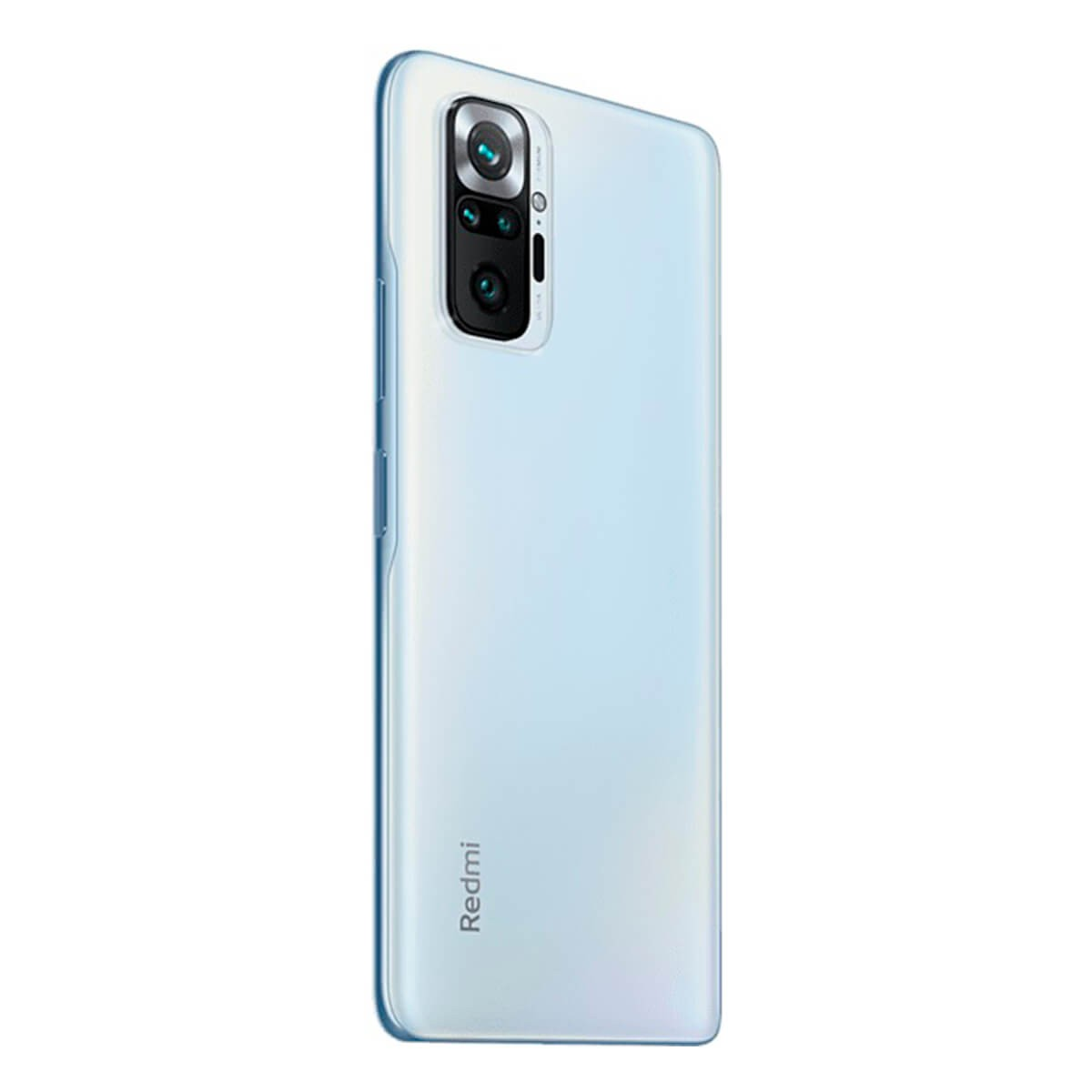Dikey dörtlü kamera modülüne sahip açık mavi bir Redmi akıllı telefonun arkası.