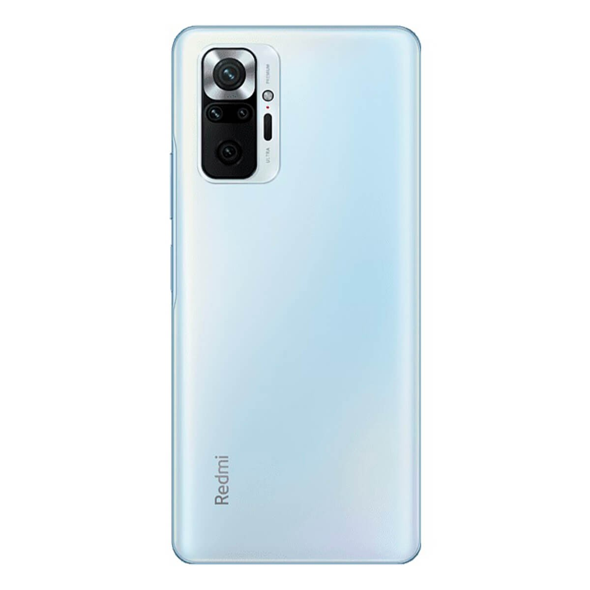 Sol üstte dikey dörtlü kamera ve Redmi logosu olan açık mavi bir Redmi akıllı telefonun arkası.