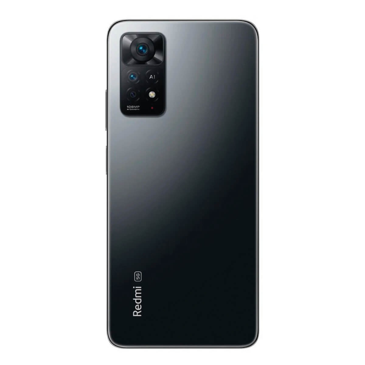 Retro di uno smartphone Redmi 5G grigio con modulo a quattro fotocamere in alto a sinistra e logo del marchio in basso a sinistra.