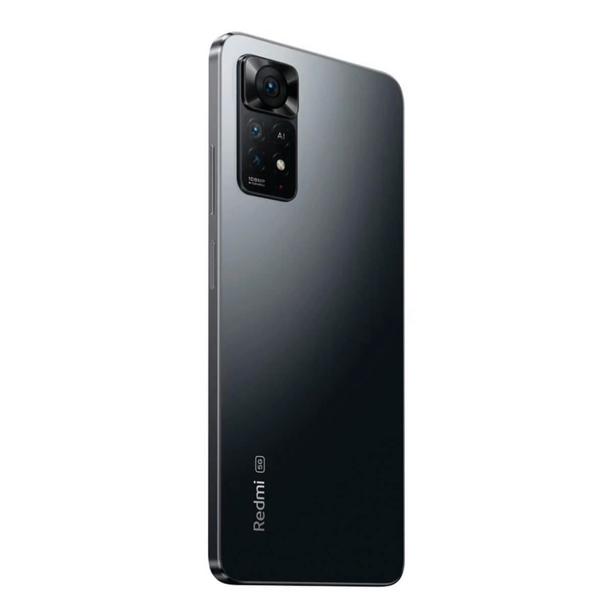 Retro di uno smartphone Redmi nero con modulo fotocamera rettangolare e cornice argentata.