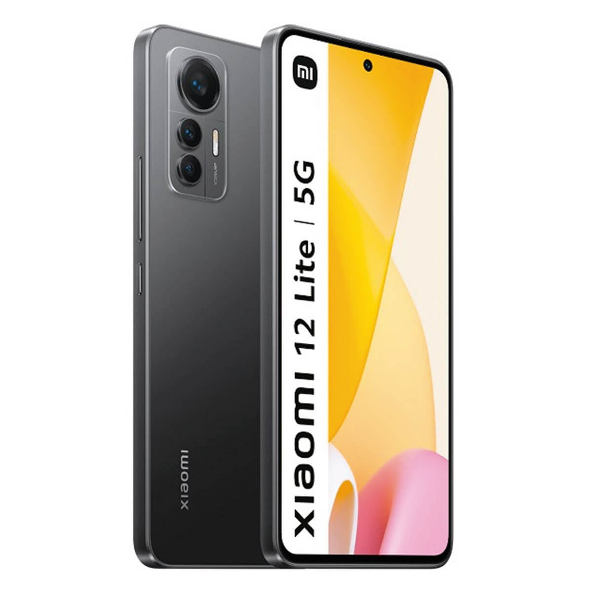 Vista anteriore e posteriore dello smartphone grigio Xiaomi 12 Lite 5G su sfondo bianco.