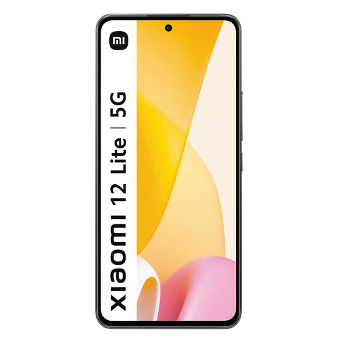 Uno smartphone Xiaomi 12 Lite 5G mostra uno sfondo astratto giallo e rosa sullo schermo.