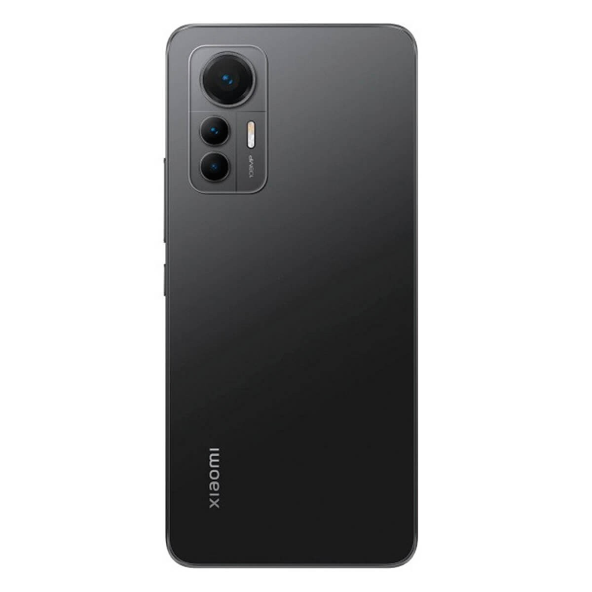 Vista posteriore di uno smartphone Xiaomi grigio con tripla fotocamera.