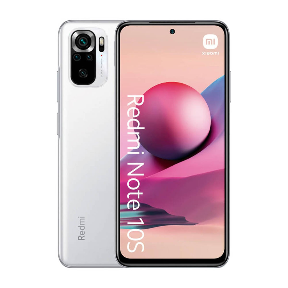 Weißes Xiaomi Redmi Note 10S Smartphone, Front- und Rückansicht.