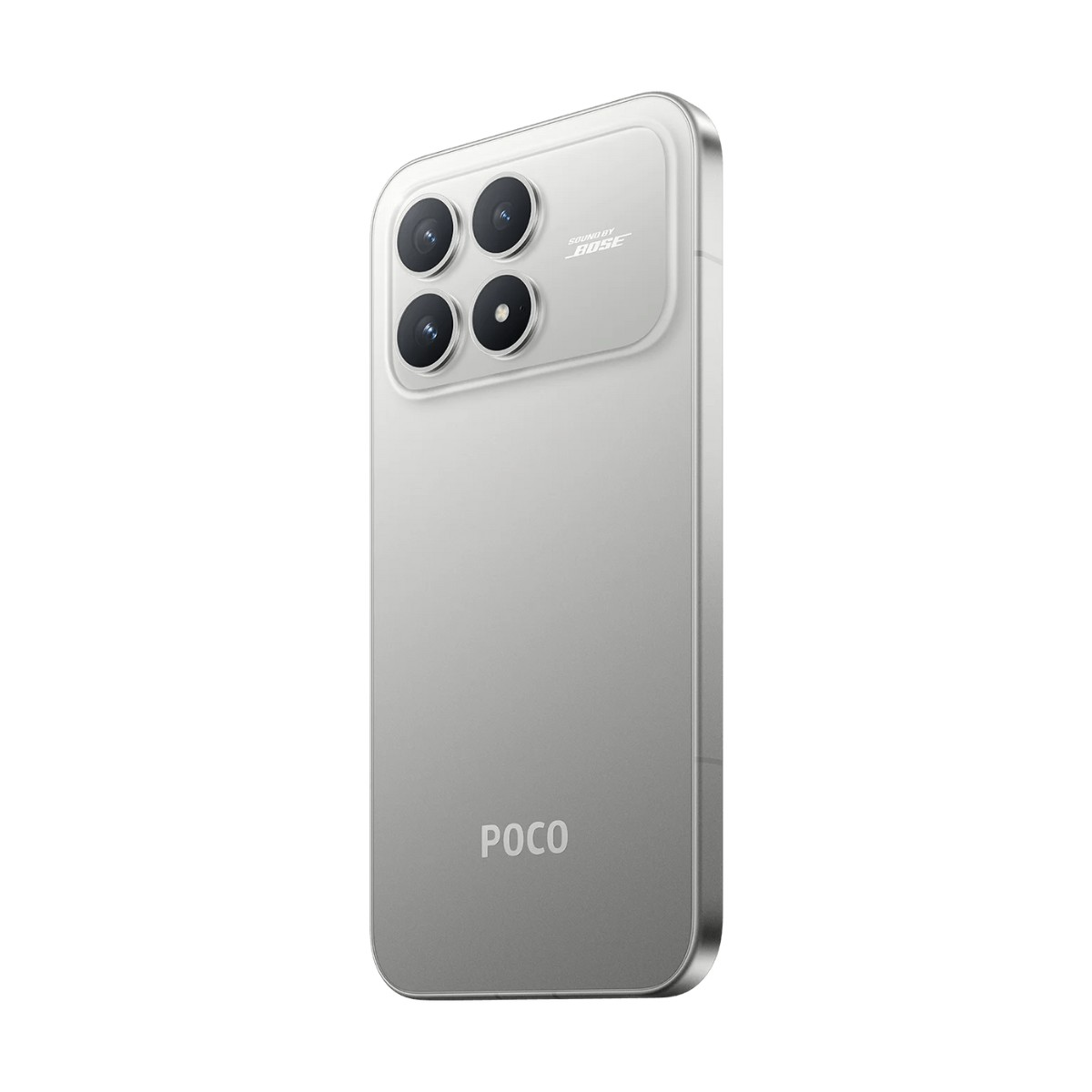 Smartphone argento con quattro obiettivi fotografici e logo POCO sul retro.