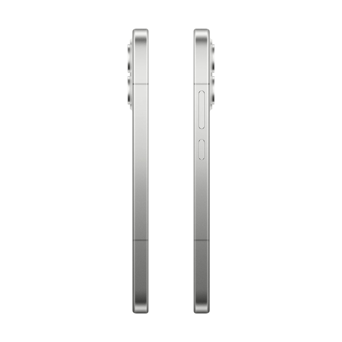Due viste laterali di uno smartphone argento con modulo fotocamera e pulsanti su sfondo bianco.