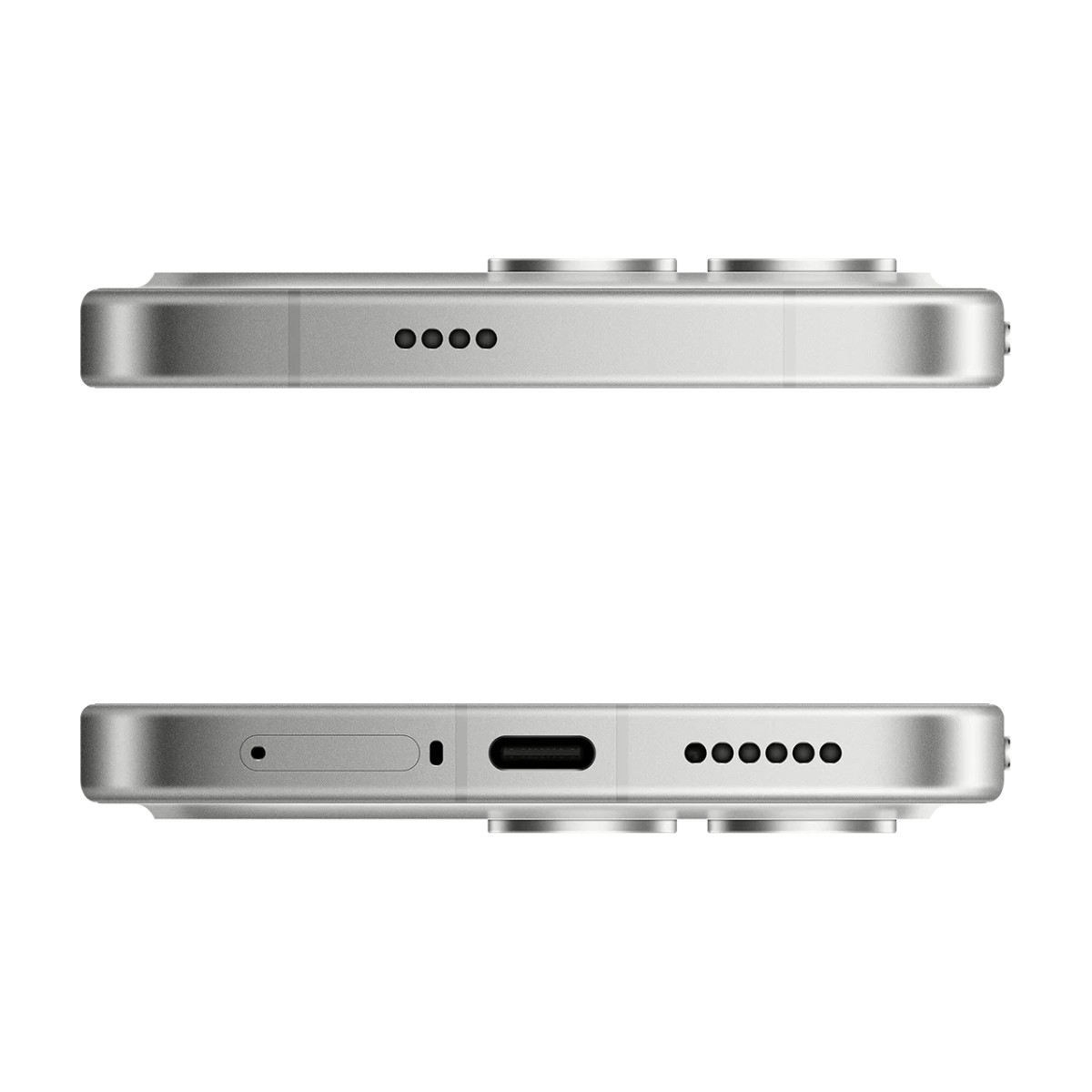 Vista superiore e inferiore di uno smartphone argento che mostra griglie degli altoparlanti, porta USB-C e carrello SIM su sfondo bianco.