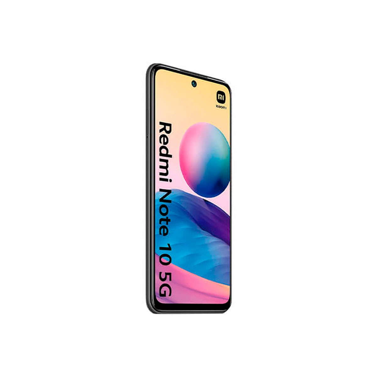 Un smartphone Xiaomi Redmi Note 10 5G noir avec un fond coloré.