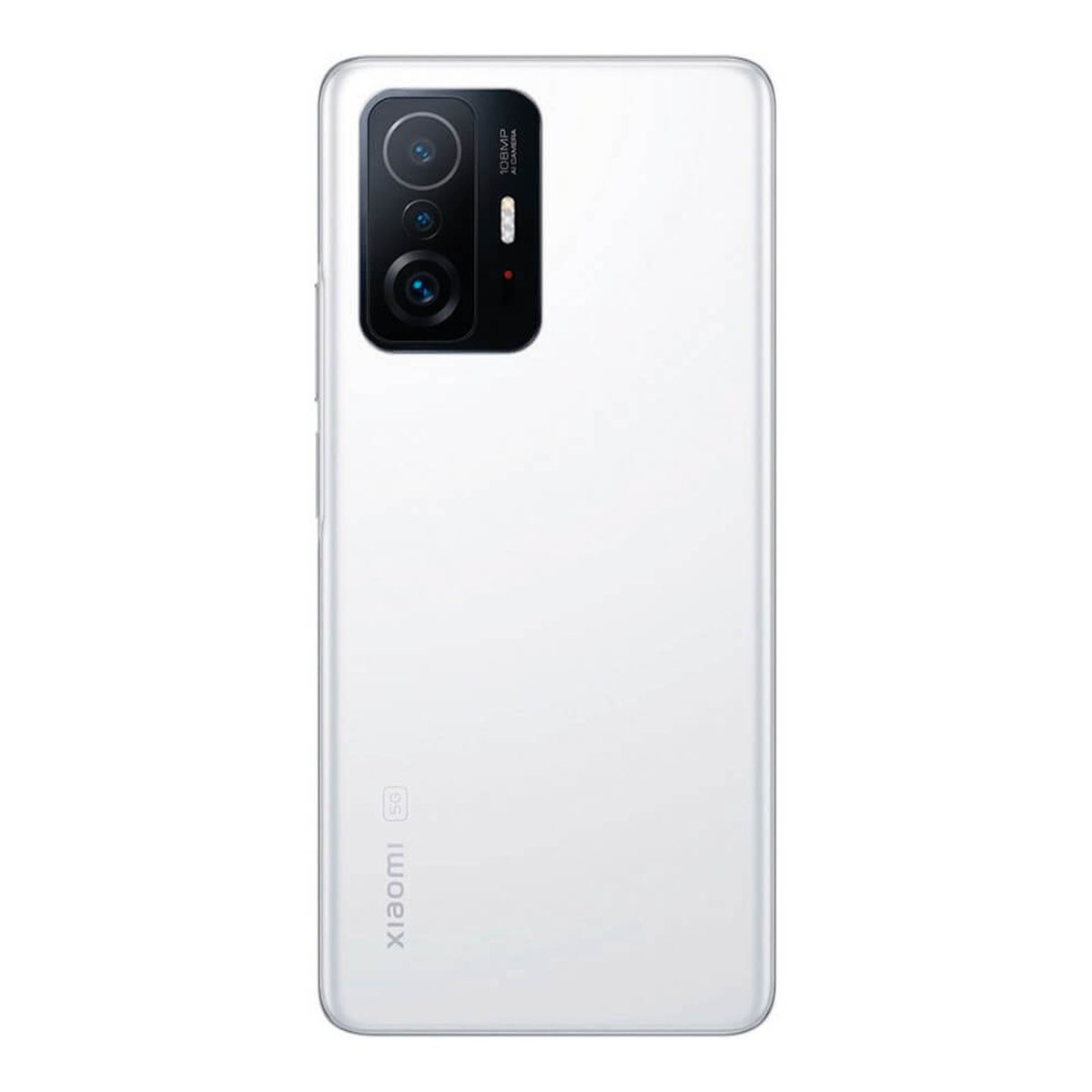 Tył białego smartfona Xiaomi 5G z prostokątnym modułem aparatu w lewym górnym rogu i logo Xiaomi 5G na dole.