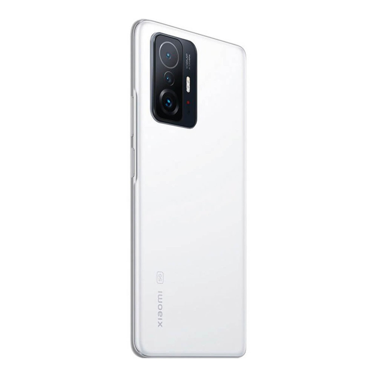 Tył białego smartfona Xiaomi 5G z pionowym modułem trzech aparatów na białym tle.