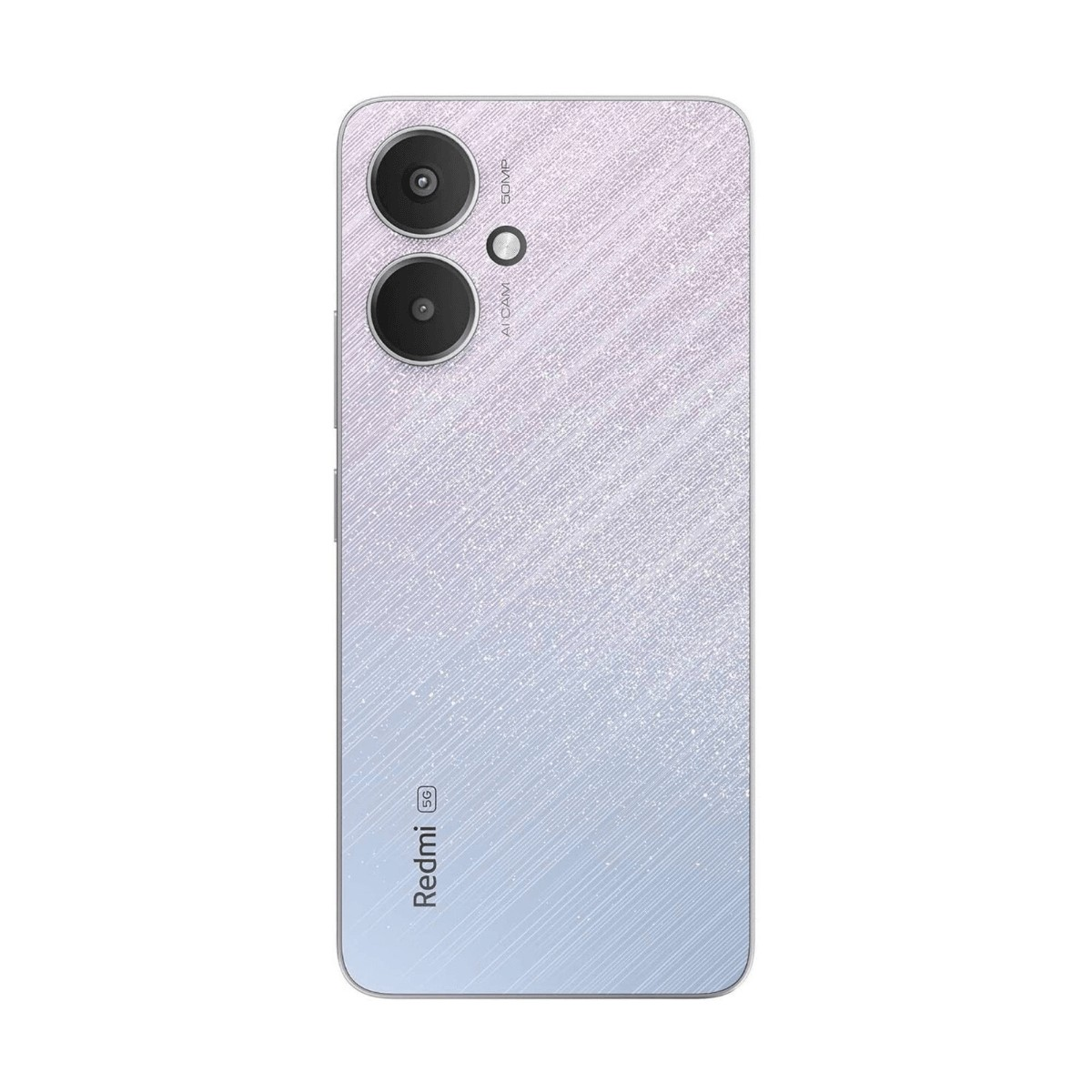 Retro di uno smartphone Redmi 5G con finitura glitterata sfumata da viola a blu e due fotocamere.