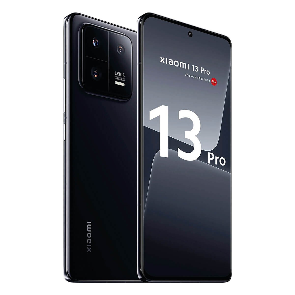 Zwei schwarze Xiaomi 13 Pro Smartphones, eines zeigt den Bildschirm, das andere die Rückkamera.