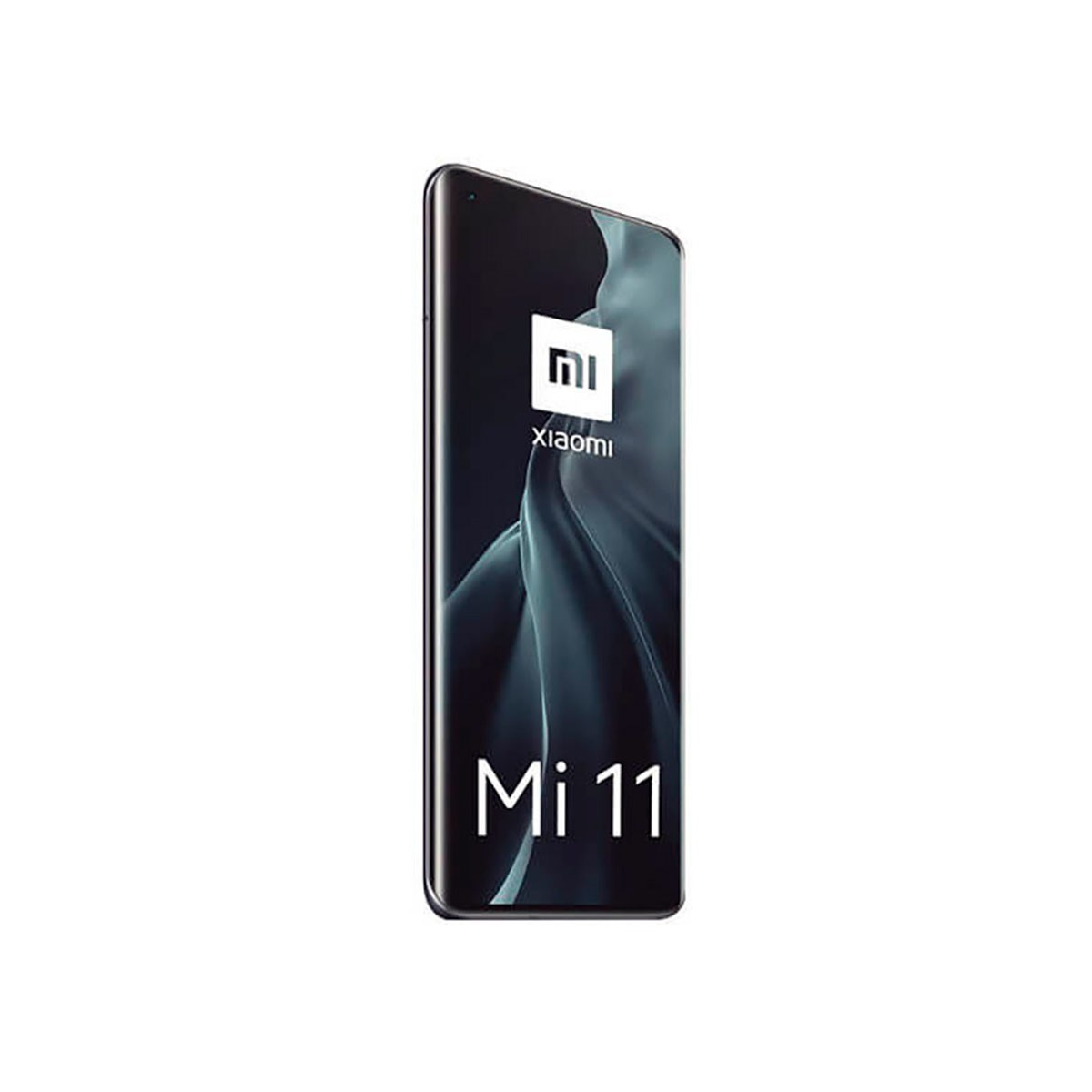 Uno smartphone Xiaomi Mi 11 è posizionato verticalmente su sfondo bianco, mostrando logo e nome del modello.