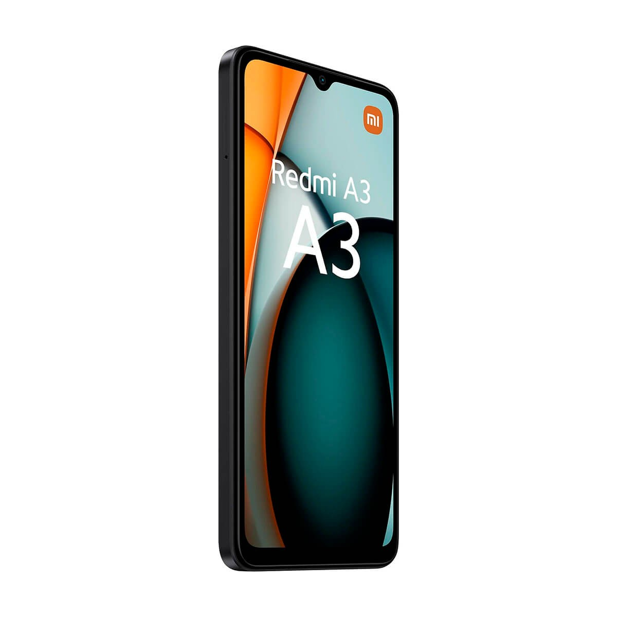 Smartphone Xiaomi Redmi A3 nero che mostra uno schermo colorato su sfondo bianco.