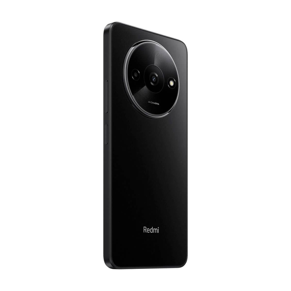 Retro di uno smartphone nero con un grande modulo fotocamera circolare e logo Redmi.