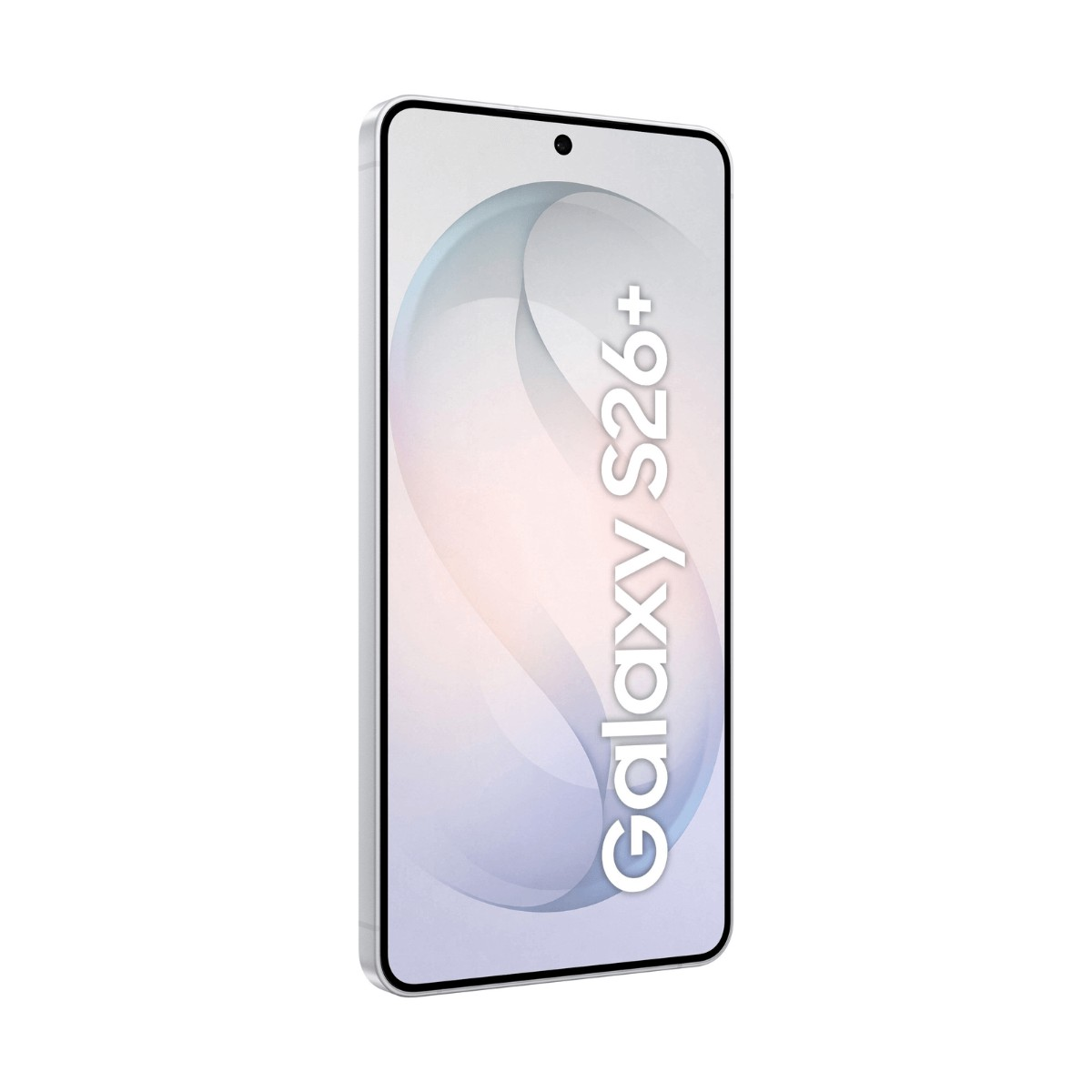 Uno smartphone bianco mostra il testo Galaxy S26+ sullo schermo.