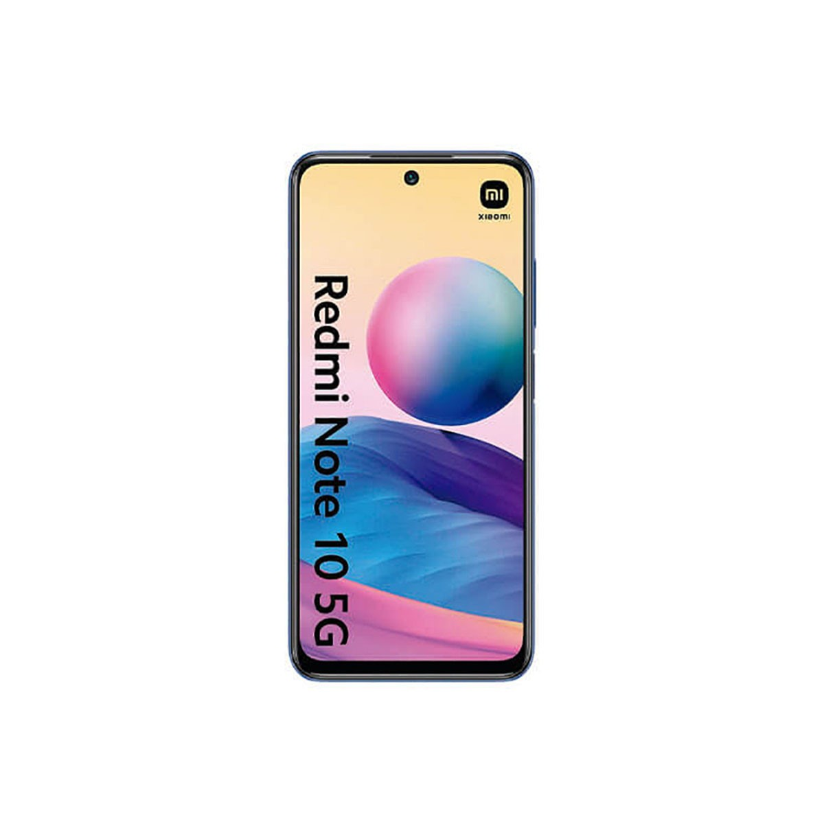 Front view of the blue Redmi Note 10 5G smartphone displaying a colorful abstract wallpaper.