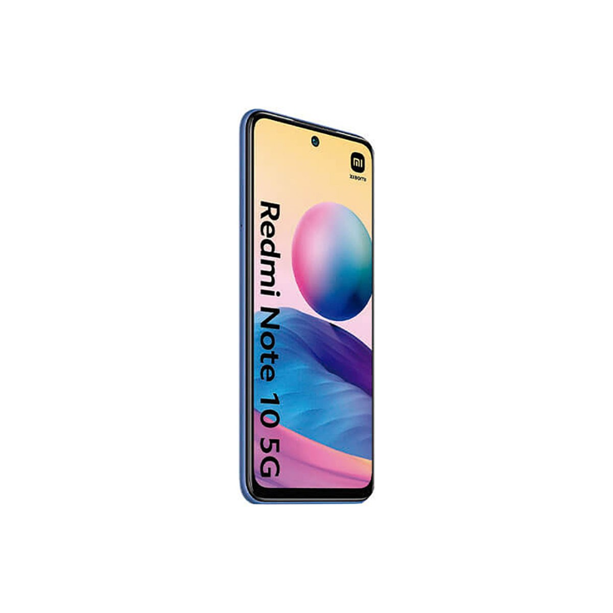 A blue Xiaomi Redmi Note 10 5G smartphone displays a colorful screen with the model name.